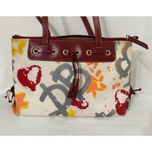 Dooney & Bourke Canvas Paint Splatter Graffiti Red Leather Detail Handbag